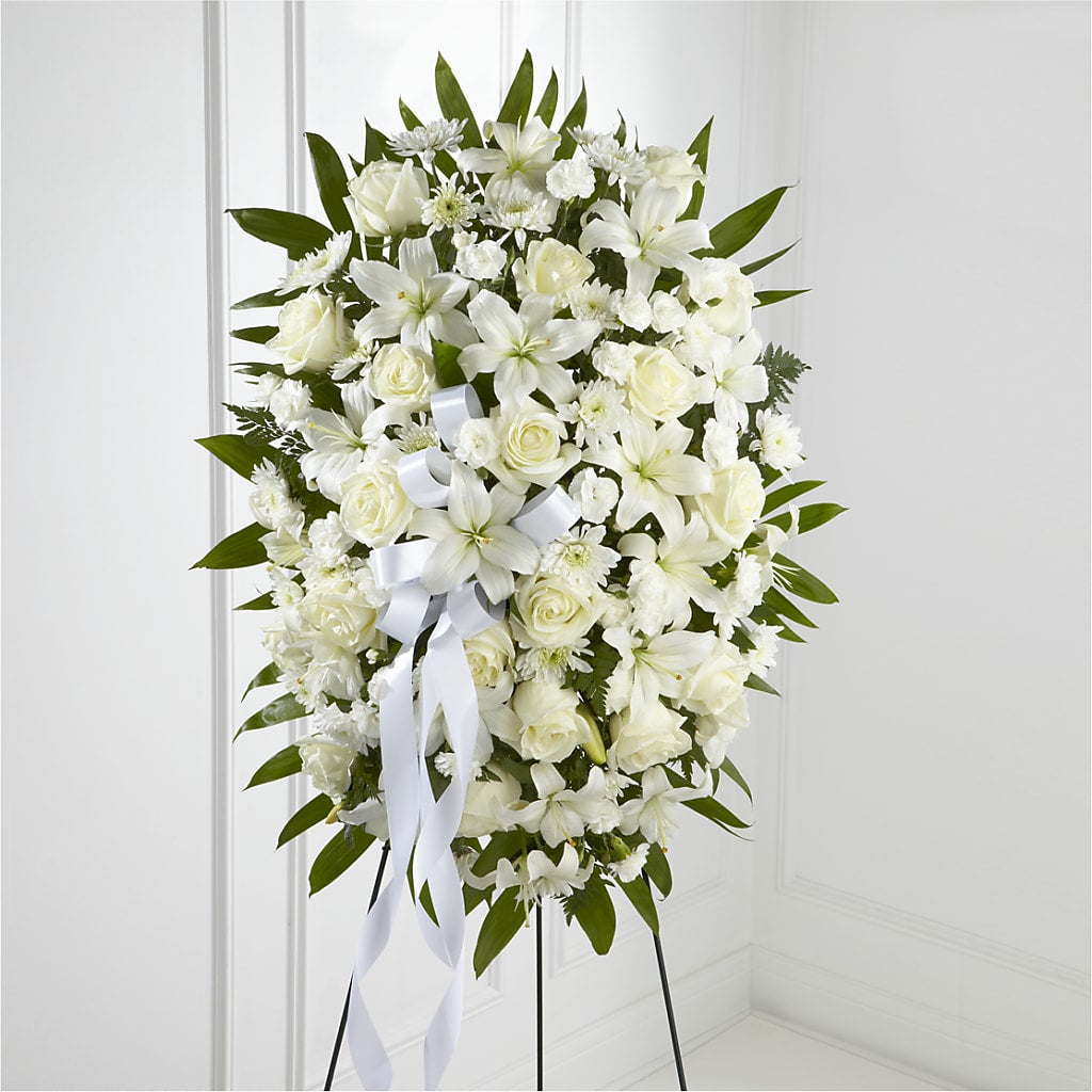 Exquisite Tribute Standing Spray-White Ribbon – Fairfield Florist, Fairfield CT