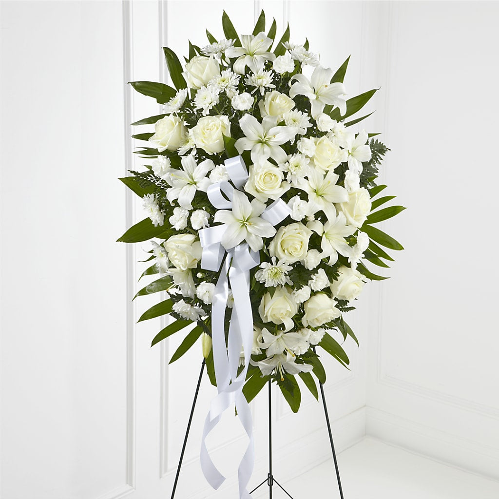 Exquisite Tribute Standing Spray-White Ribbon – Fairfield Florist, Fairfield CT
